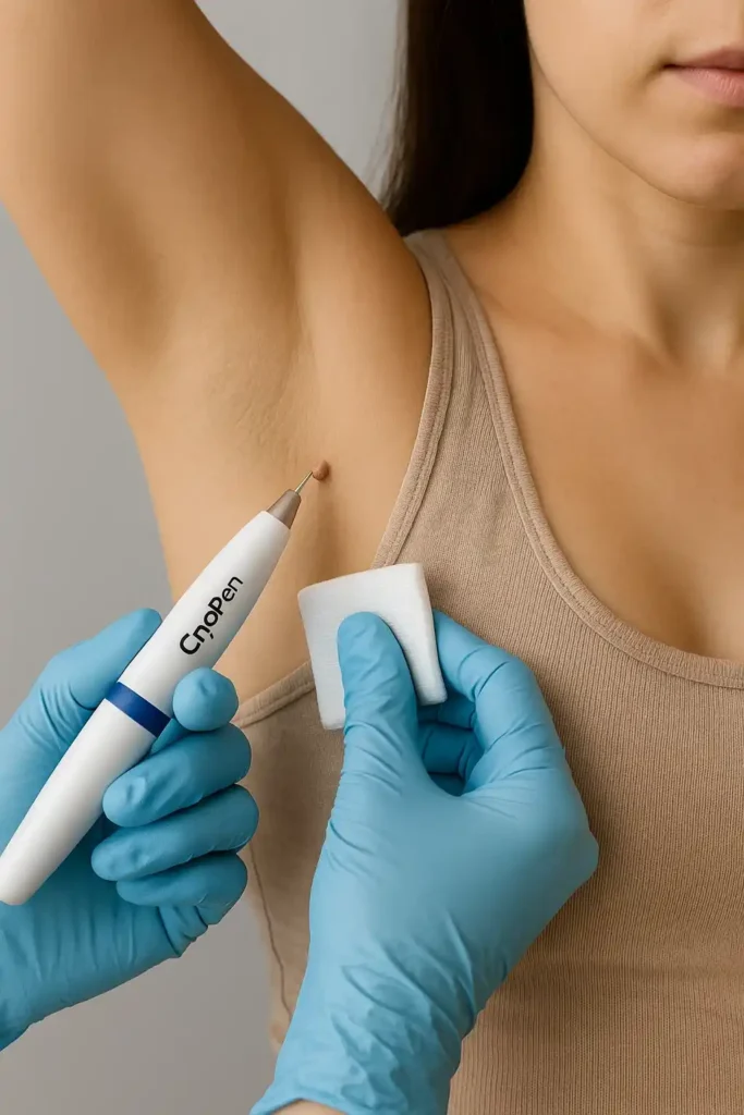 woman having cryopen to remove underarm skin tags Arundel